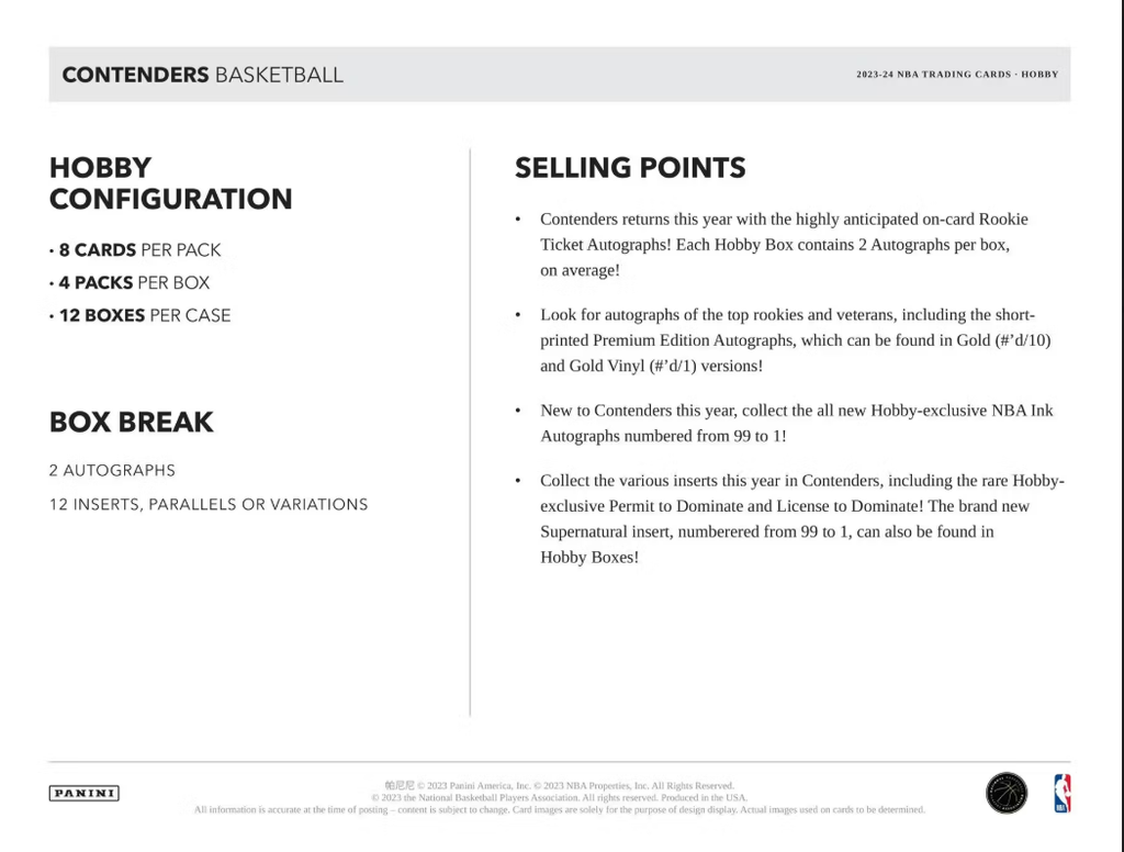 Panini Contenders (23-24) Basketball Trading Cards - Find 2 Autographs Per Box