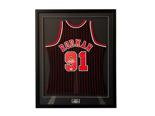 [JRSY-RO0201 ] Dennis Rodman Chicago Bulls Autographed Black and Red Pinstripe Mitchell & Ness Replica Jersey